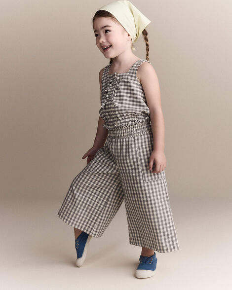 Toddler Girl Gingham Peplum Top with Bows - Cream/Grey