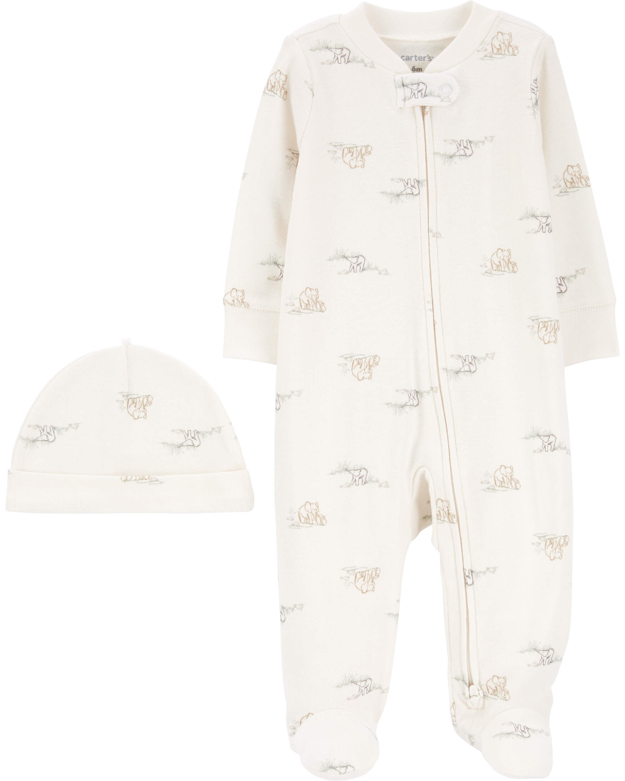 Baby 2-Piece 2-Way Zip Elephant Cotton Sleep & Play Pajamas Cap Set