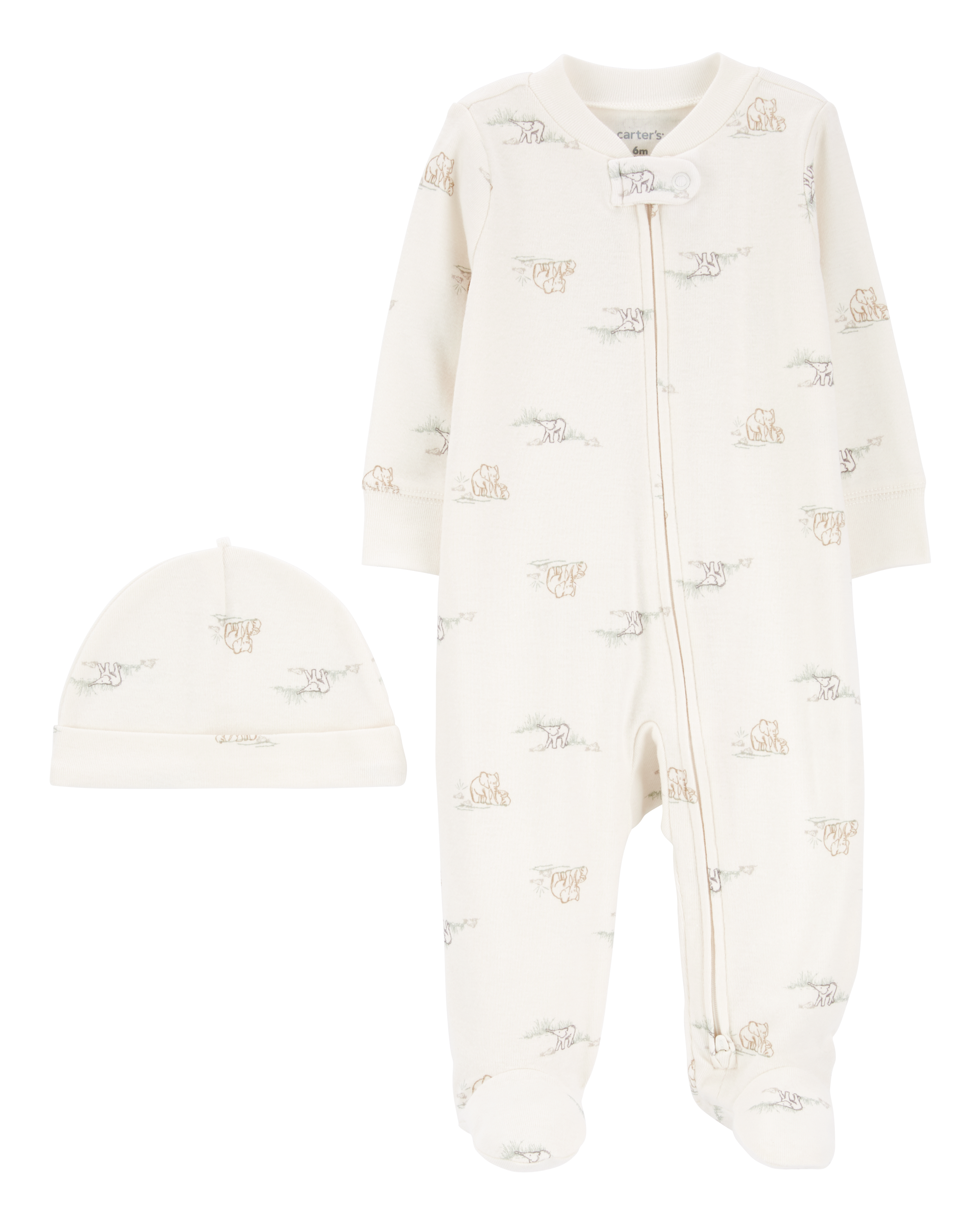 Baby 2-Piece 2-Way Zip Elephant Cotton Sleep & Play Pajamas Cap Set