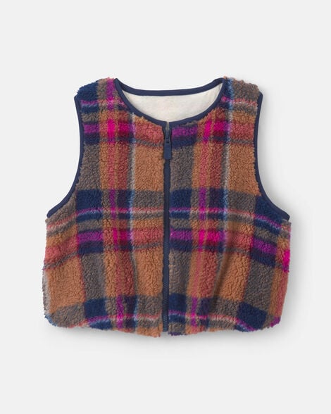 Toddler Girl Plaid Teddy Fleece Vest - Orange/Navy
