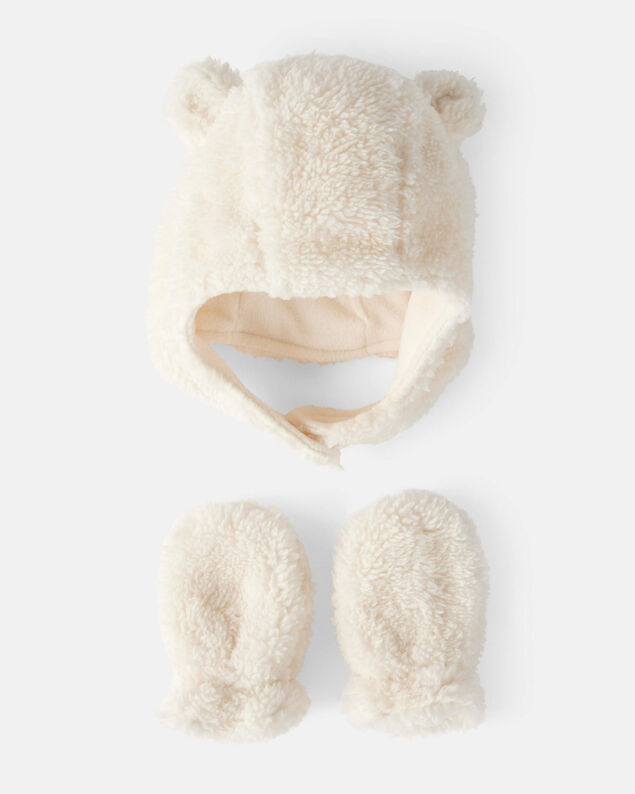 Product image 1 of Baby Girl Sherpa Winter Hat & Mittens Set - White