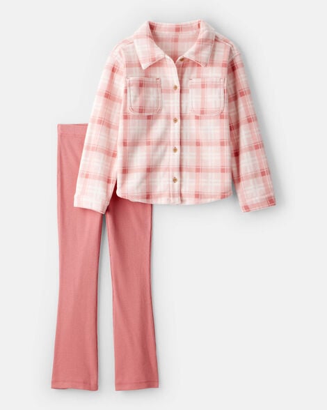girls 2-piece plaid long-sleeve shirt & pant set - pink