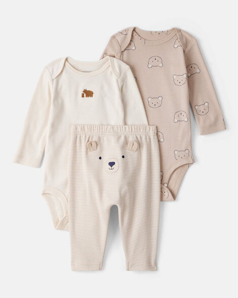 baby boy 3-piece bear print long-sleeve bodysuit & pant set - brown/white