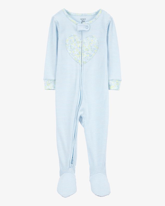 Product image 1 of Toddler Girl Heart Striped Snug Fit Cotton Footie 1-Piece Pajamas - Blue