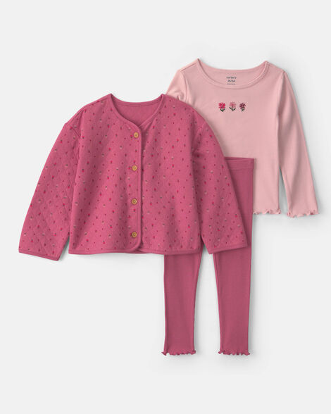 toddler girl 3-piece floral long-sleeve layering set - pink/red