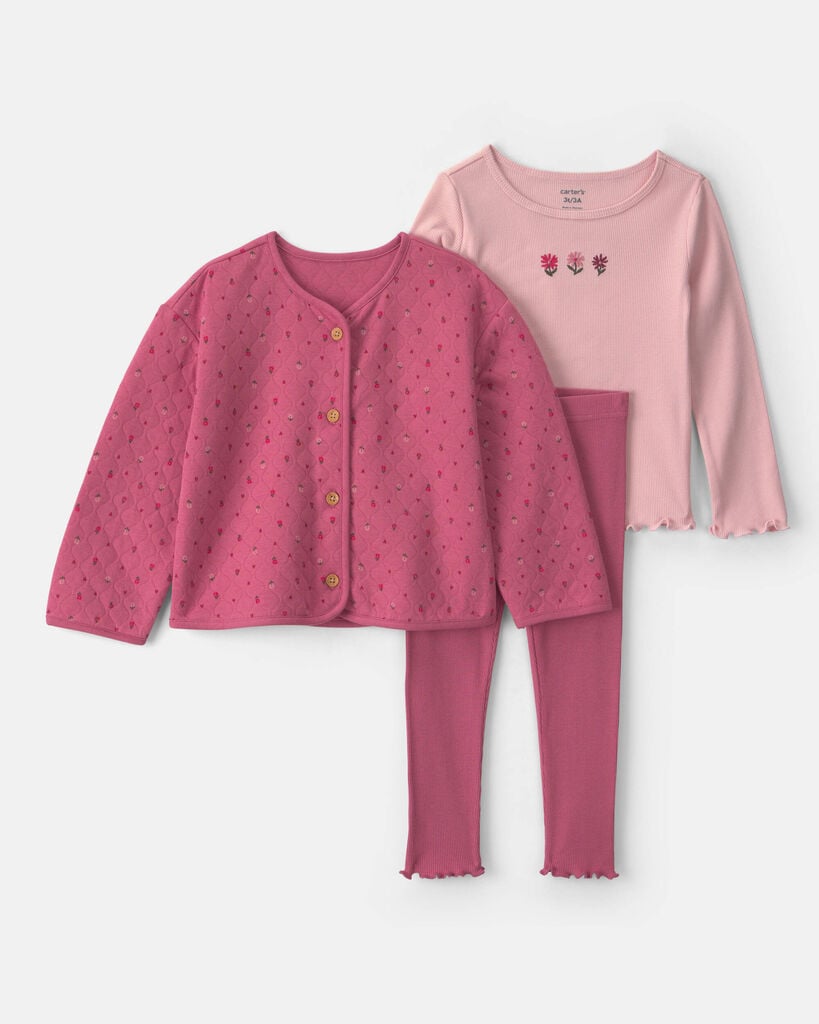 Carter's Toddler Girls' 2T-5T Floral Long-Sleeve Layering Top, Jacket and Leggings, 3-Piece Set - Pink/Red