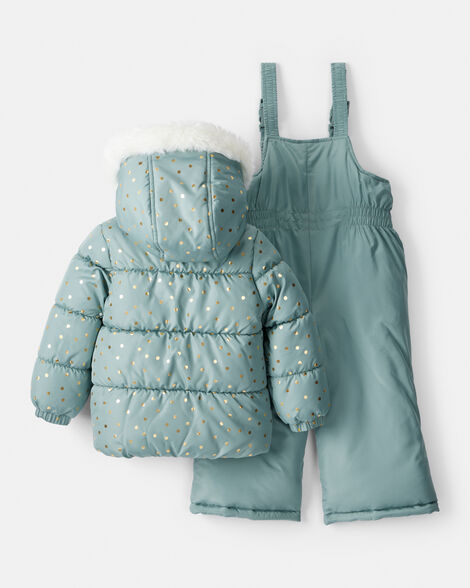 Toddler Girl 2-Piece Polka Dot Hooded Snowsuit Jacket & Bib Set - Green