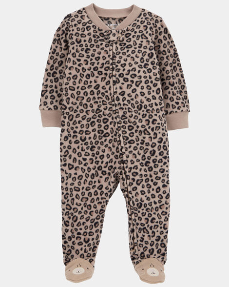 baby girl leopard print loose fit long-sleeve 2-way zip sleep & play pajamas - brown