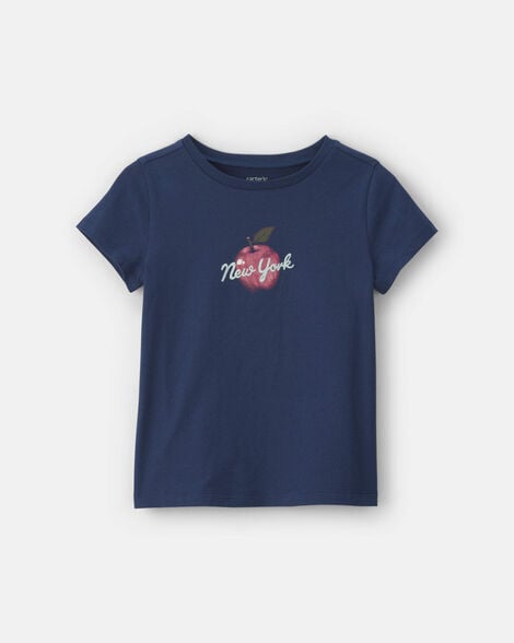 girls 'new york' apple graphic tee - navy blue