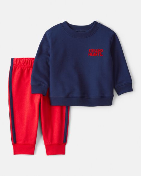 baby boy valentine's day 2-piece heart french terry long-sleeve tee & pant set - blue