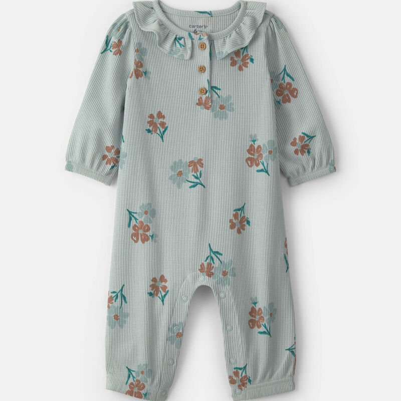 Baby Girl Floral Thermal Long-Sleeve Jumpsuit - Green