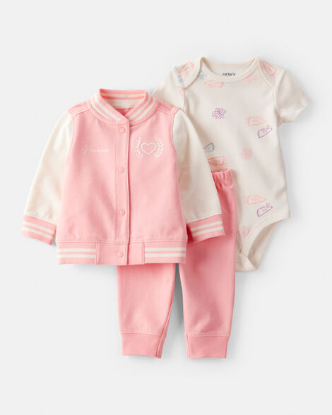 baby girl 3-piece varsity freshman little jacket set - pink/white