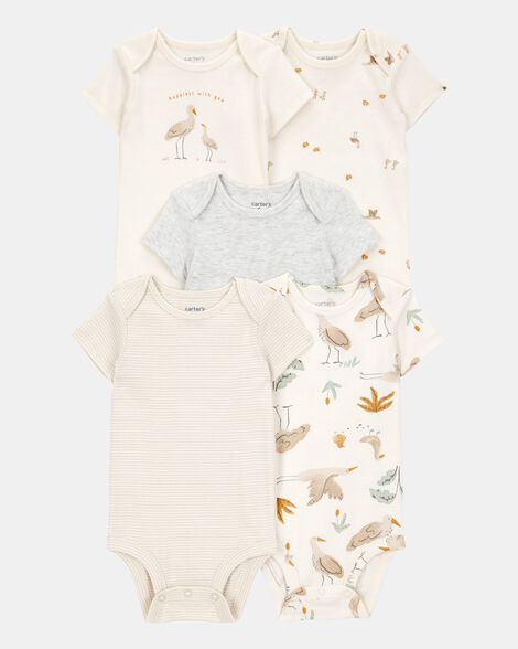 baby 5-pack striped birds short-sleeve cotton bodysuits - ivory