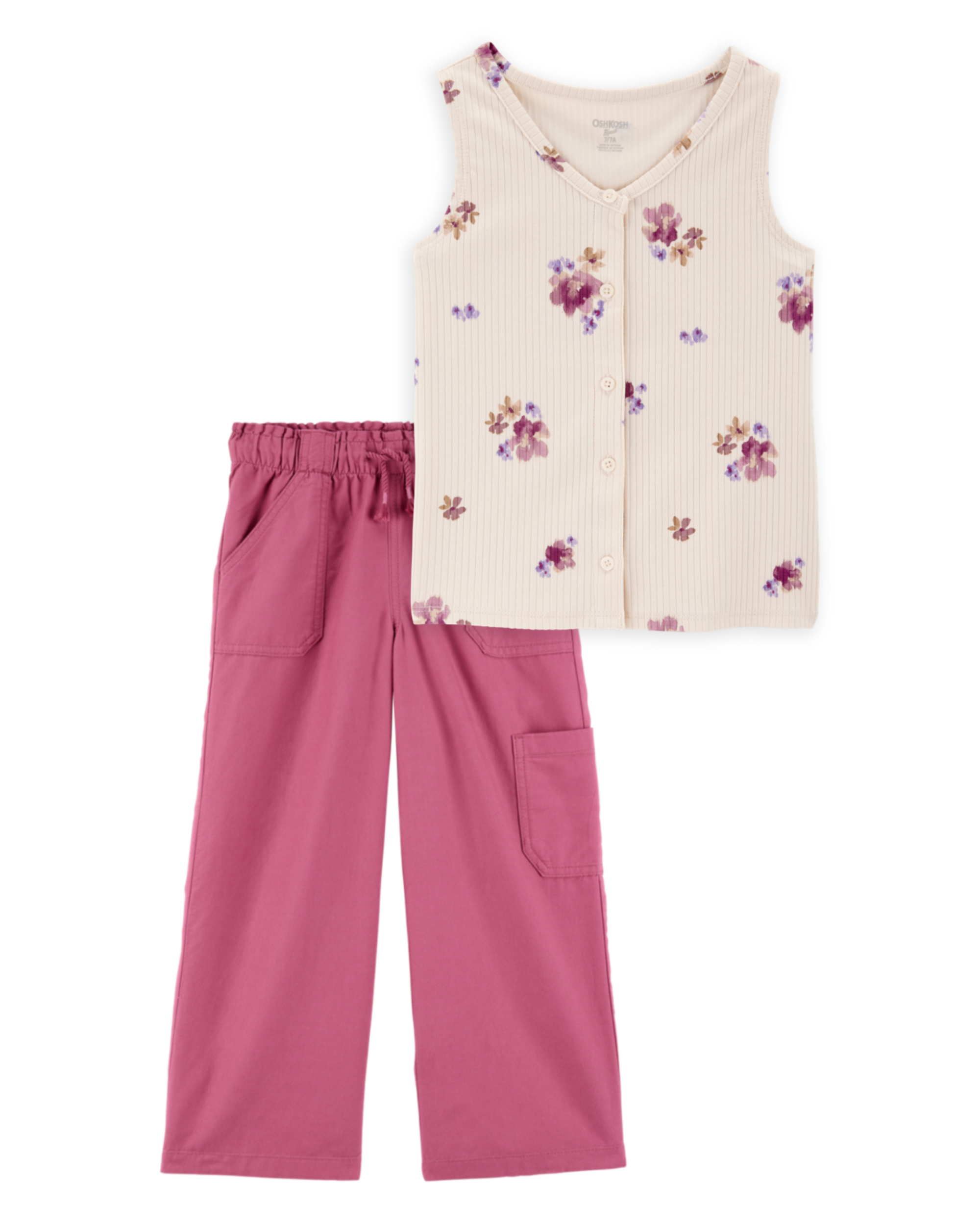 Kid 2-Piece Floral Button-Down Ribbed Tank Top & Drawstring Pants Set - Pink/Ivory