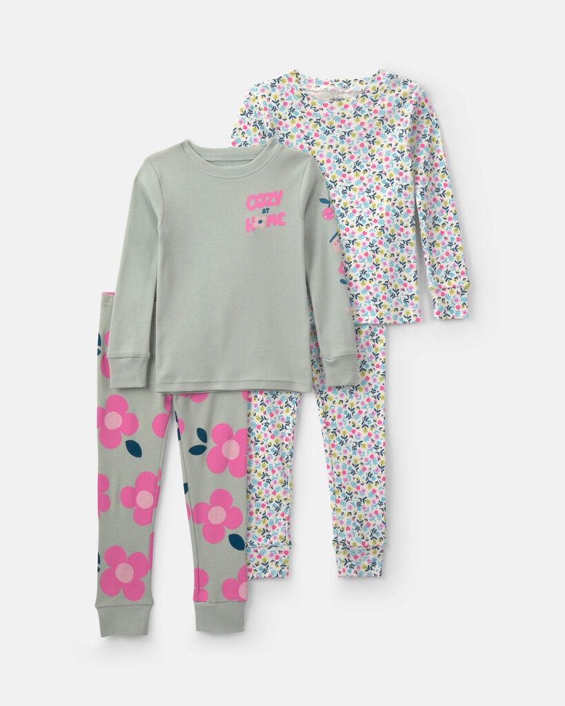 Carter's toddler girl 'cozy at home' floral cotton snug fit 4-piece pajama set 2T Green/Pink