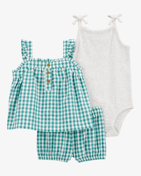 Product image 1 of Baby Girl 3-Piece Gingham Outfit Set - Green/Grey
