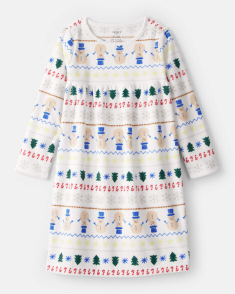 girls snowman fair isle fleece long-sleeve loose fit night gown - white
