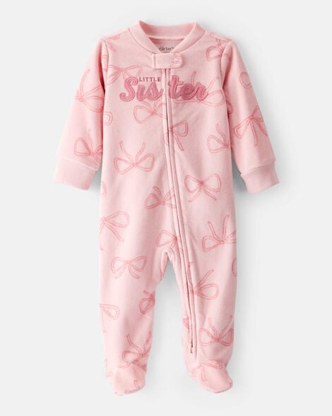 baby girl 'little sister' bow print fleece sleep & play pajamas - pink