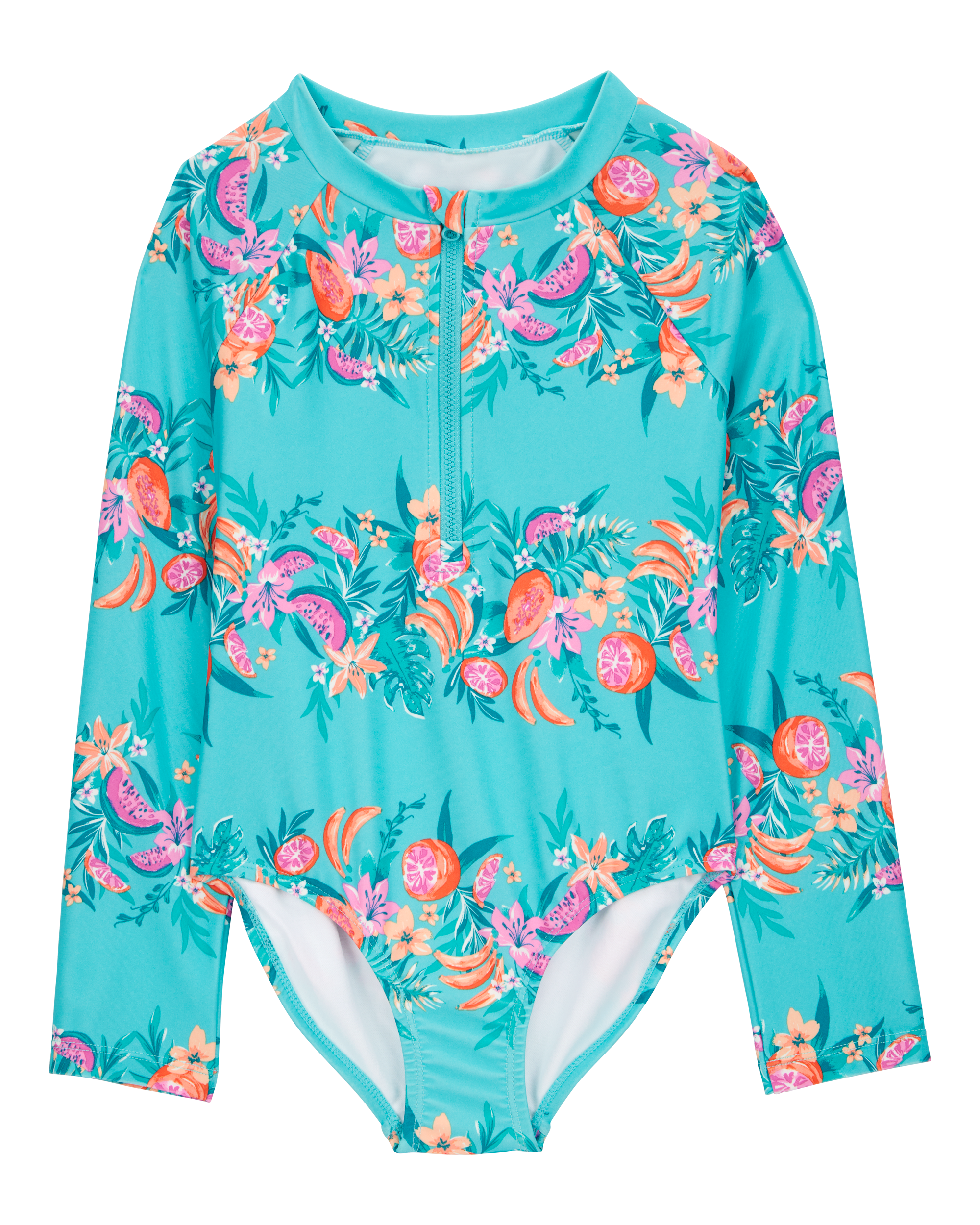 Girls 1-Piece Floral Print Rashguard Swimsuit - Turquoise