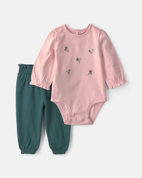 baby girl 2-piece floral long-sleeve bodysuit & pant set - pink/green