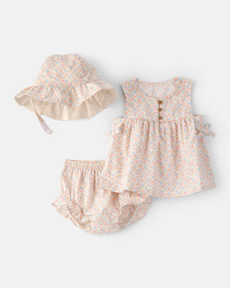 baby girl 3-piece floral hat, top & short set - pink