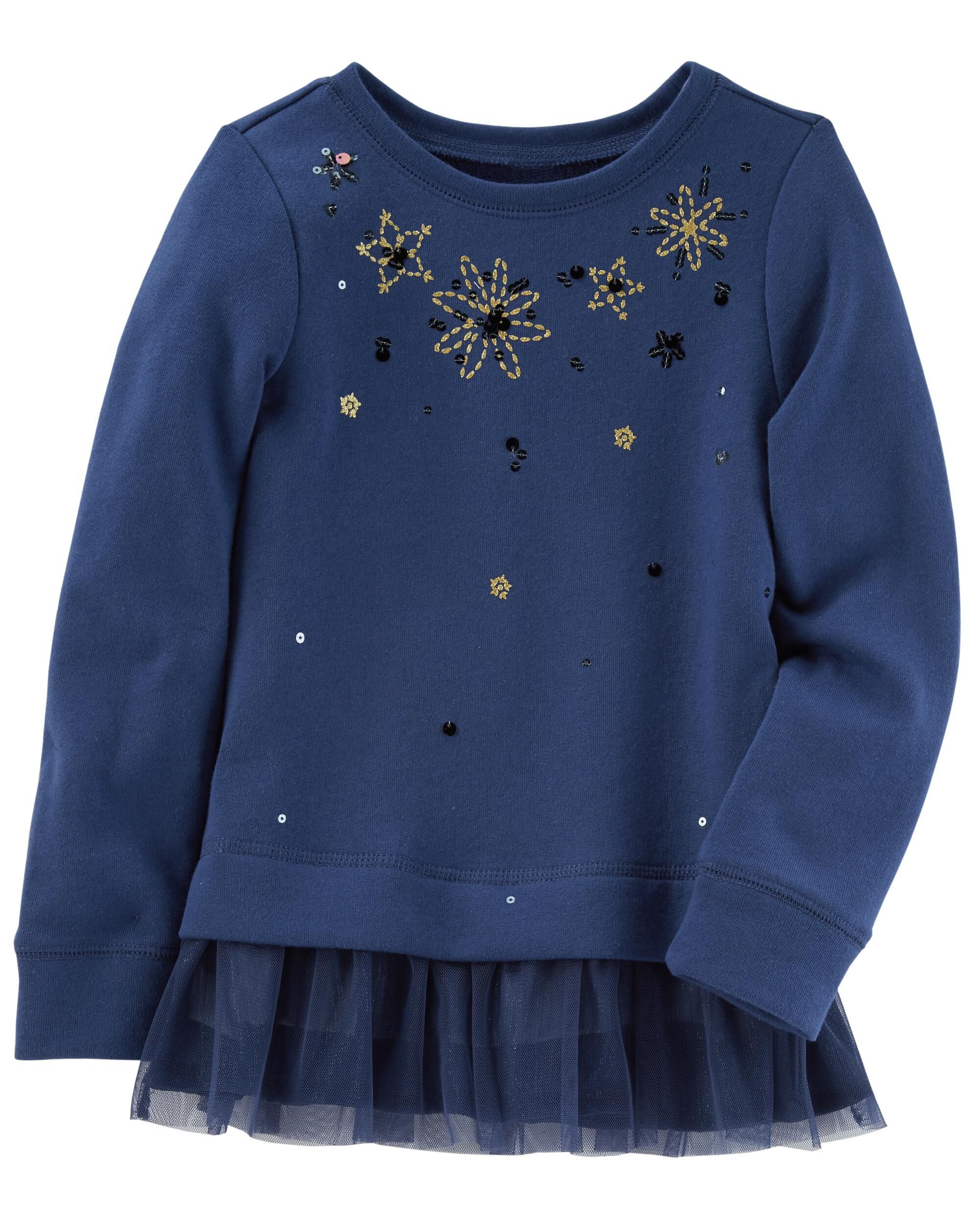 9m Carters Girls Sparkle French Terry Top Navy