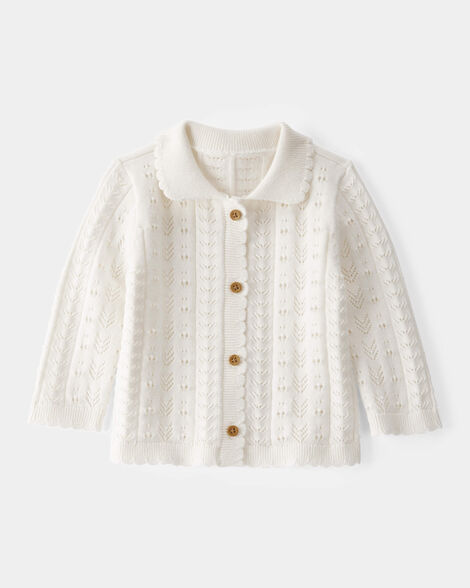 Baby Girl Pointelle Button-Down Collared Cardigan - Ivory