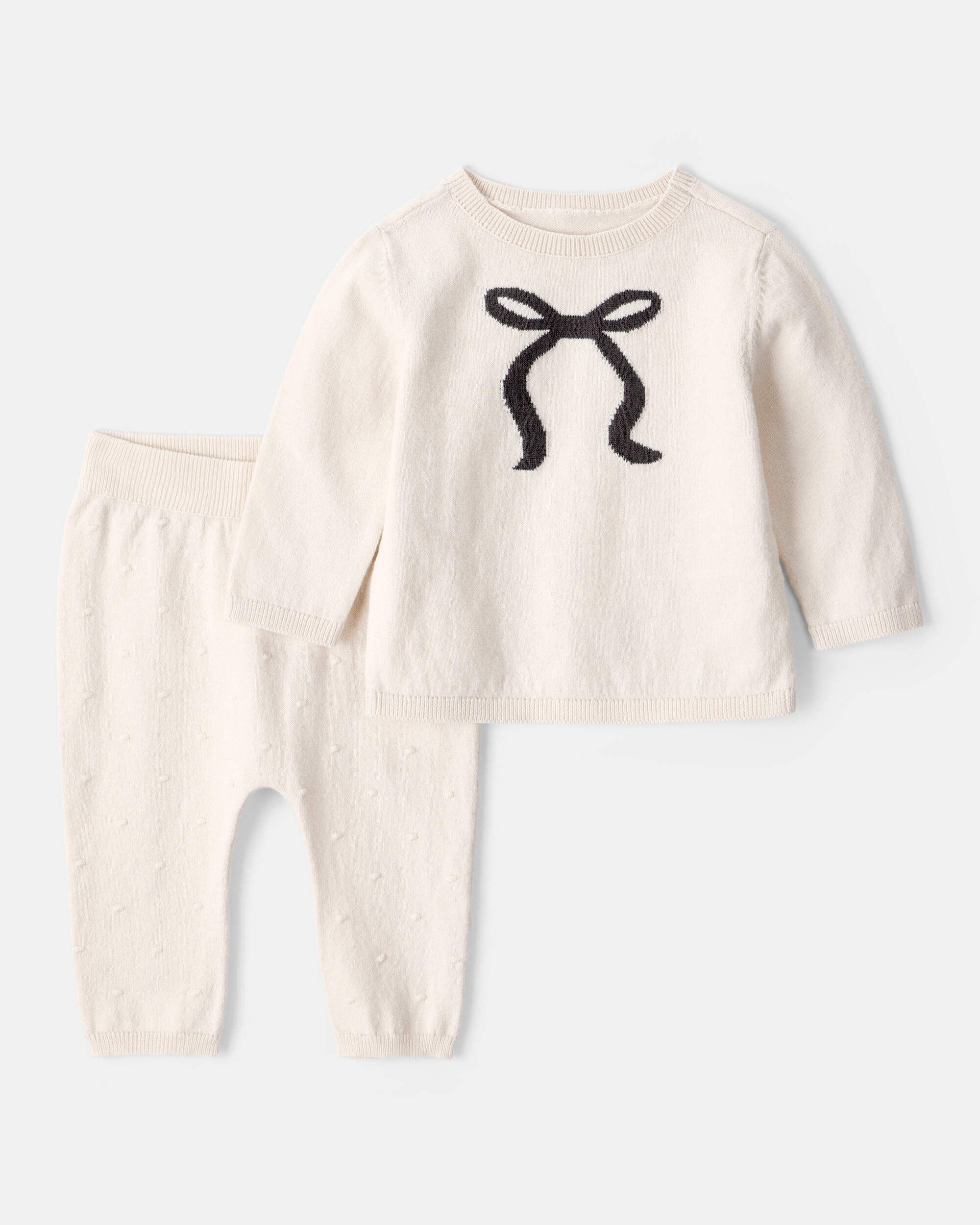 Baby Girl Bow Cotton Long-Sleeve Sweater & Pant Set - White