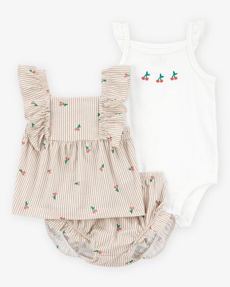 Product image 1 of Baby Girl 3-Piece Striped Cherry Print Outfit Set - White/Pink