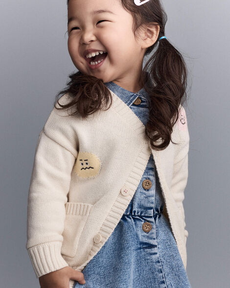 Toddler Cardigan with Avenue Pockets in Character Print- Cream