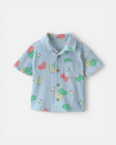 baby boy pool floatie short-sleeve button-down shirt - blue