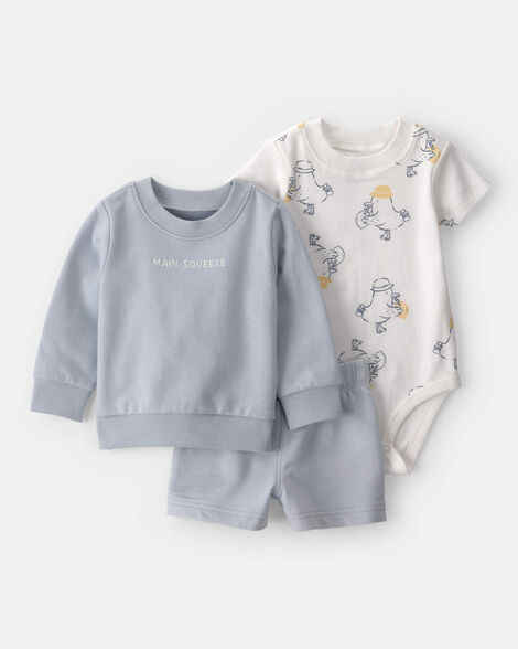 baby boy 3-piece 'main squeeze' sweatshirt, bodysuit & short set - blue