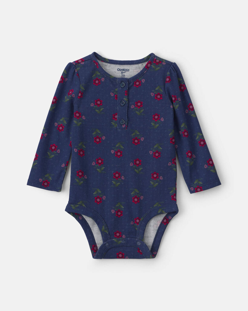 OshKosh B'gosh Baby Girl Floral Long-Sleeve Bodysuit 12M Navy Blue