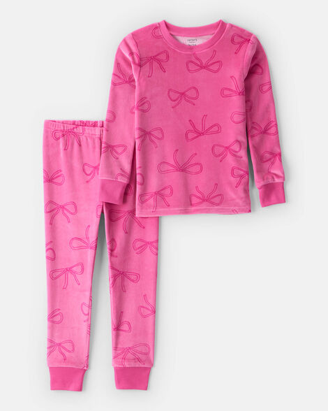 Product image 1 of Toddler Girl Bow Print Velour Long-Sleeve Snug Fit 2-Piece Pajamas - Pink
