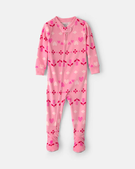toddler girl 1-piece heart fair isle dreamplush snug fit footed pajama - pink