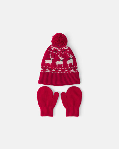 toddler 2-piece fair isle christmas beanie & glove set - red