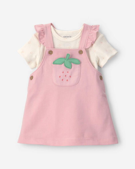 baby girl 2-piece strawberry dress set - pink/cream
