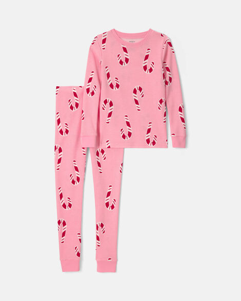 girls candy cane christmas thermal snug fit 2-piece pajama set - pink
