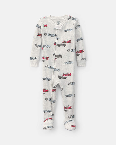 toddler boy race car thermal waffle knit 1-piece pajama - cream