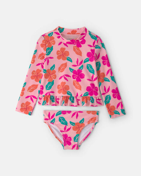toddler girl 2-piece floral rashguard swimsuit set - pink/orange