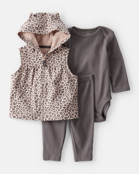 baby 3-piece leopard little vest set - brown