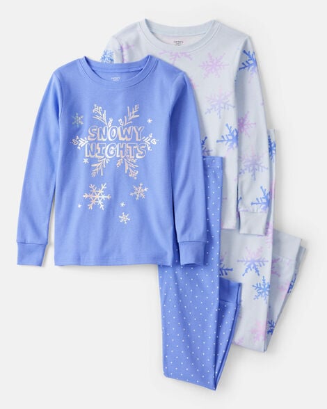 girls snowflake print 100% cotton long-sleeve snug fit 4-piece pajamas - blue