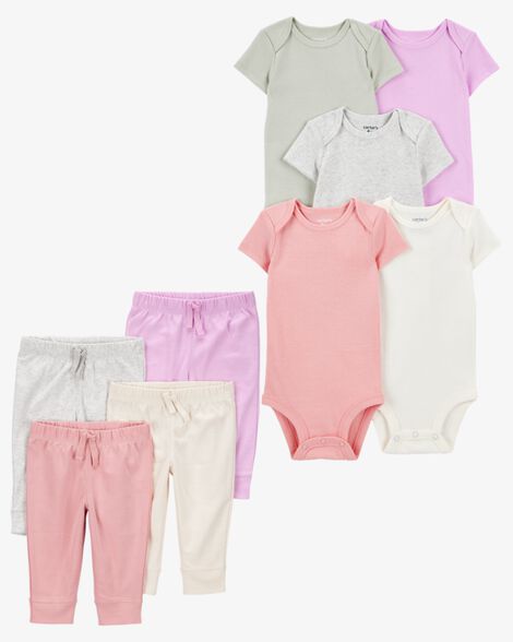 Product image 1 of Baby 9-Piece Solid Short-Sleeve Bodysuits & Pull-On Pants Set