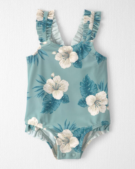 Baby Girl Recycled Ruffle 1-Piece Swimsuit in Blue Hibiscus