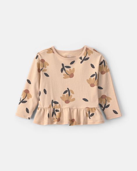toddler girl floral long-sleeve peplum top - tan