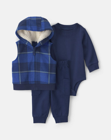 baby boy 3-piece buffalo check long-sleeve layering set - navy blue
