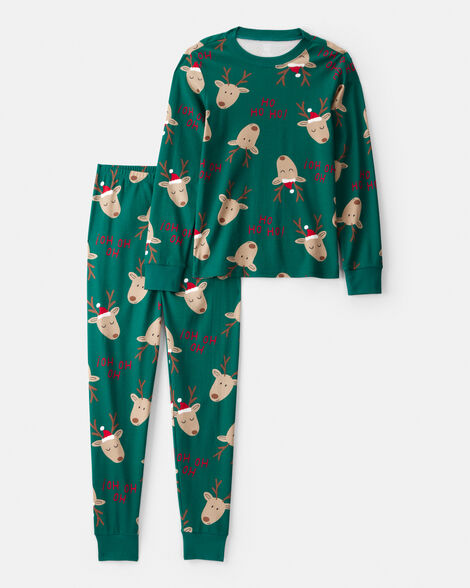 adult reindeer 100% cotton snug fit 2-piece pajamas - green