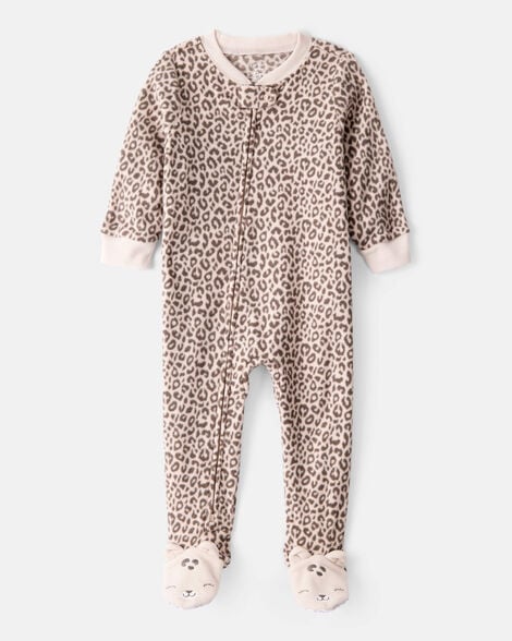 toddler girl leopard fleece long-sleeve loose fit 1-piece pajamas - brown