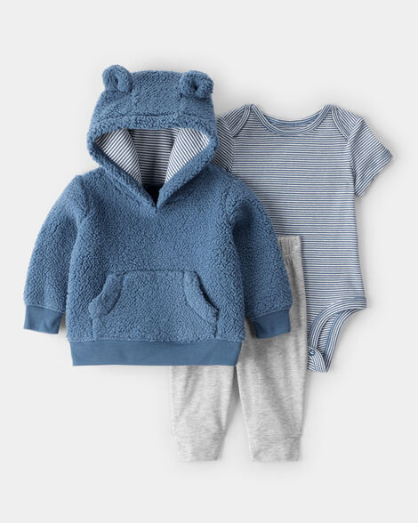 baby boy 3-piece bear sherpa long-sleeve bodysuit & pant set - blue