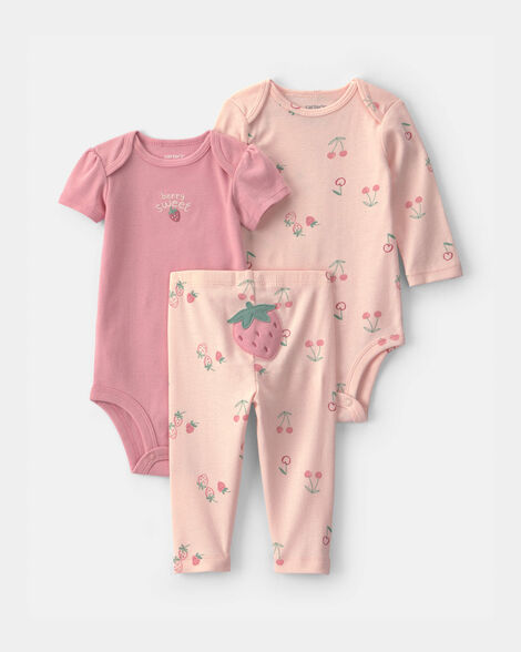baby girl 3-piece strawberry bodysuit & pant set - pink
